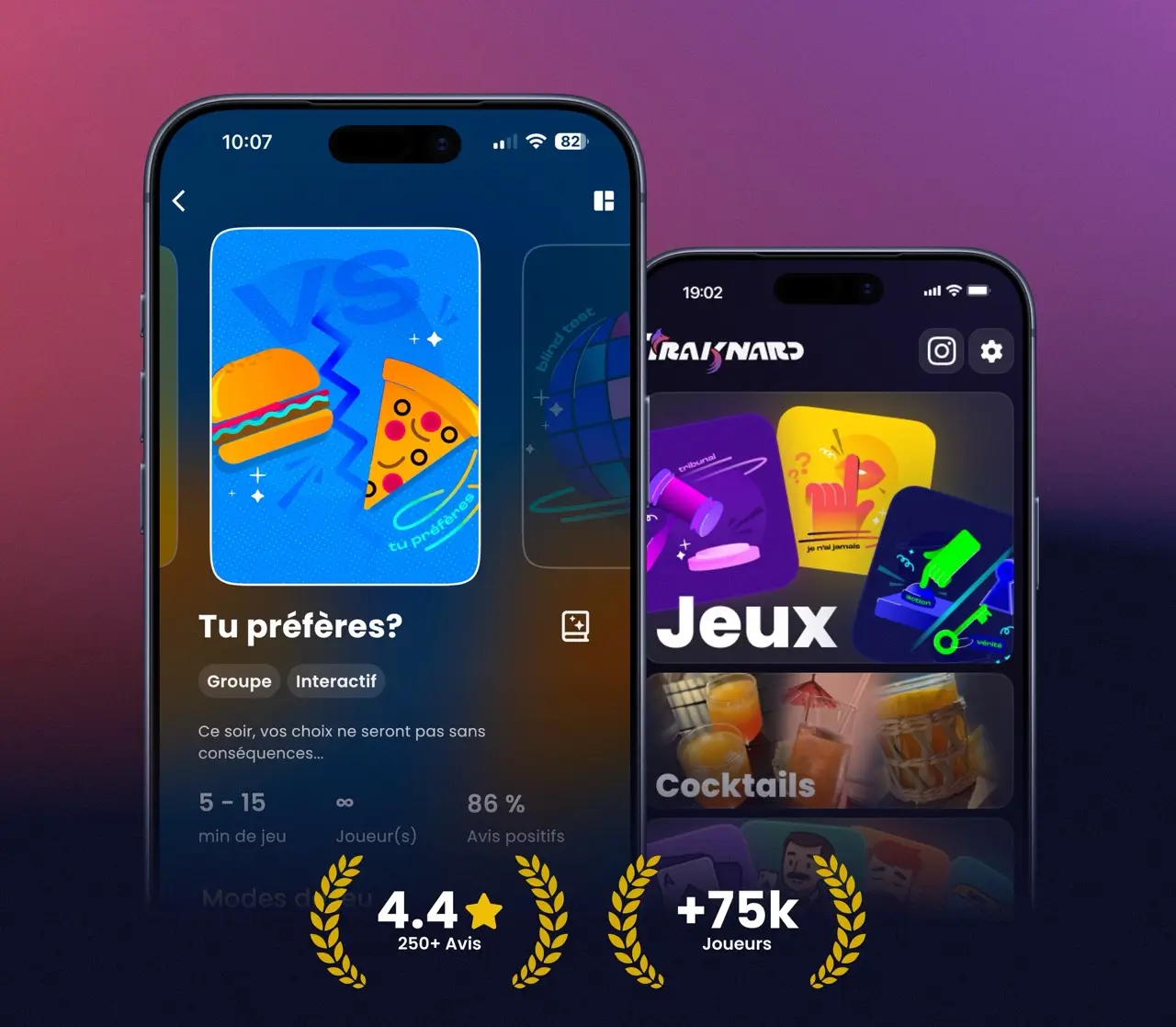 L'application Traknard sur iPhone : la fiche du jeu Tu Préfères et l'écran de sélection des jeux